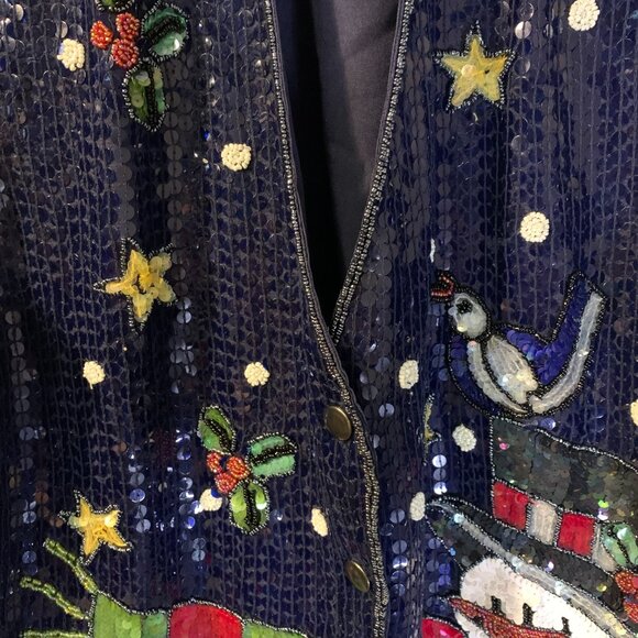 Quacker Factory Women's Holiday Vest Size S Navy Blue Sequins Snowman Christmas - Picture 4 of 10
